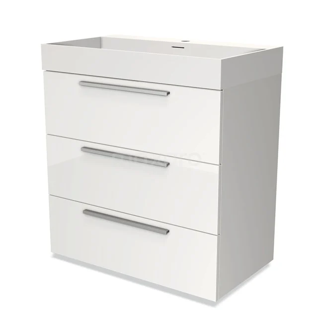 Weißes Badezimmermöbel mit drei Schubladen, modernem Design, metallischen Haltegriffen und Hochglanz-Oberfläche.