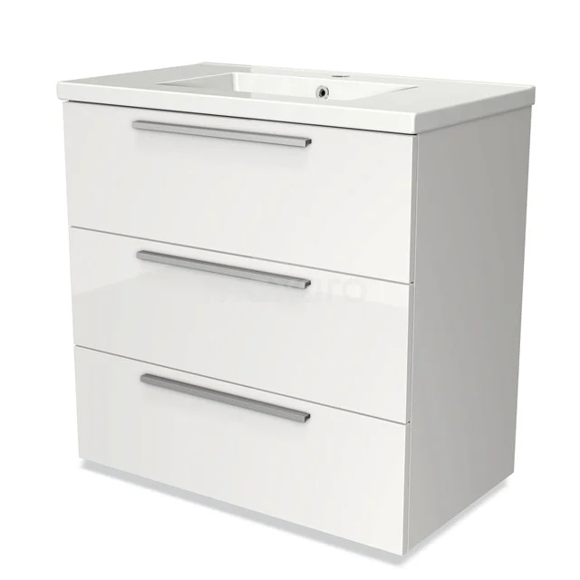 White bathroom unit with three drawers, glossy finish and integrated vanity units with basin, ideal for modern bathrooms.