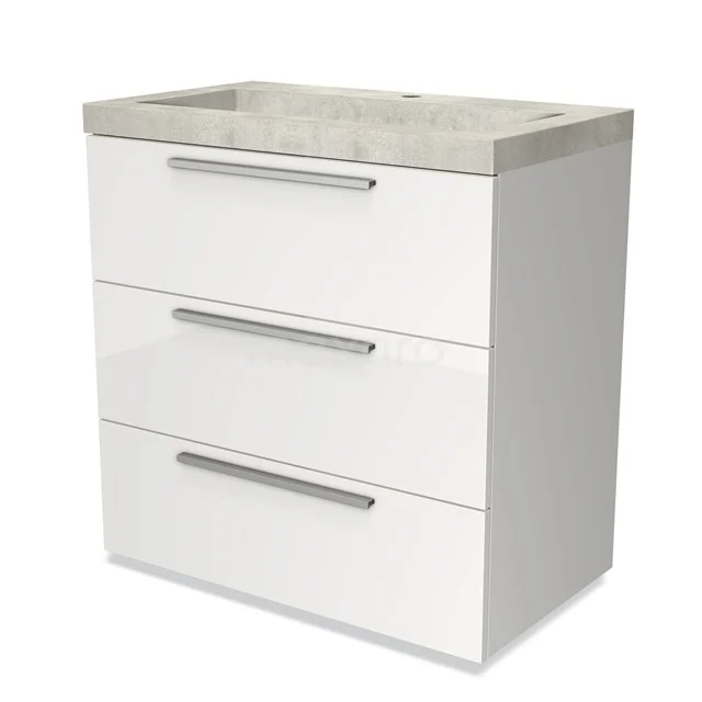 White bathroom unit with three drawers, a sleek design and a beige natural stone basin worktop.