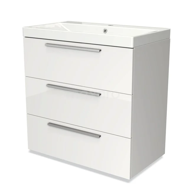 Badmöbel 80cm Modulo Hochglanz Weiß 3 Schubladen Flaches Waschbecken aus Keramik BMW19-00108 Weißes Badezimmermöbel mit 3 Schubladen, schlankes Design, glänzende Oberfläche und integriertes Waschbecken aus Keramik.