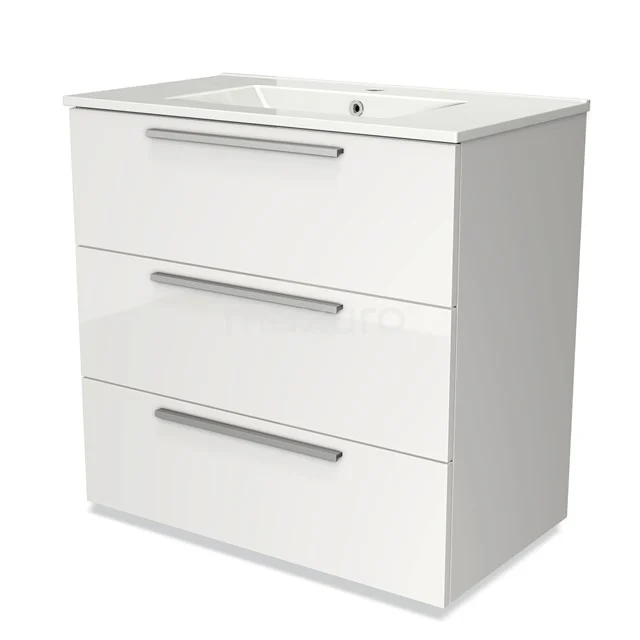 White bathroom unit with three drawers, sleek design and integrated basin, ideal for a modern bathroom design.