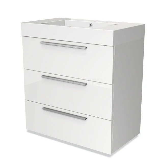 Modulo Bathroom furniture with sink | 80 cm High-gloss white Flat front Mineral marble 3 drawers BMW19-00111 White bathroom cabinet with three drawers, chrome handles and integrated basin, modern design ideal for bathroom space.