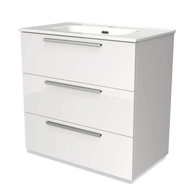White bathroom unit with three drawers and integrated vanity units with basin, sleek silver handles, modern design.