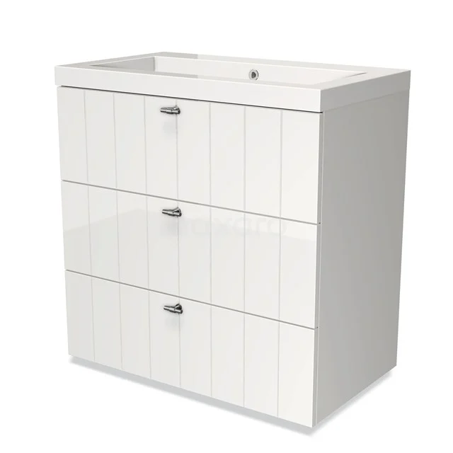 Modulo Waschtische | 80 cm Hochglanz Weiß Lamelle front Mineralguss 3 Schubladen BMW19-00114 Weißes Badezimmermöbel mit 3 Schubladen, glänzender Oberfläche und integriertem Waschbecken, ideal für eine moderne Badezimmergestaltung.