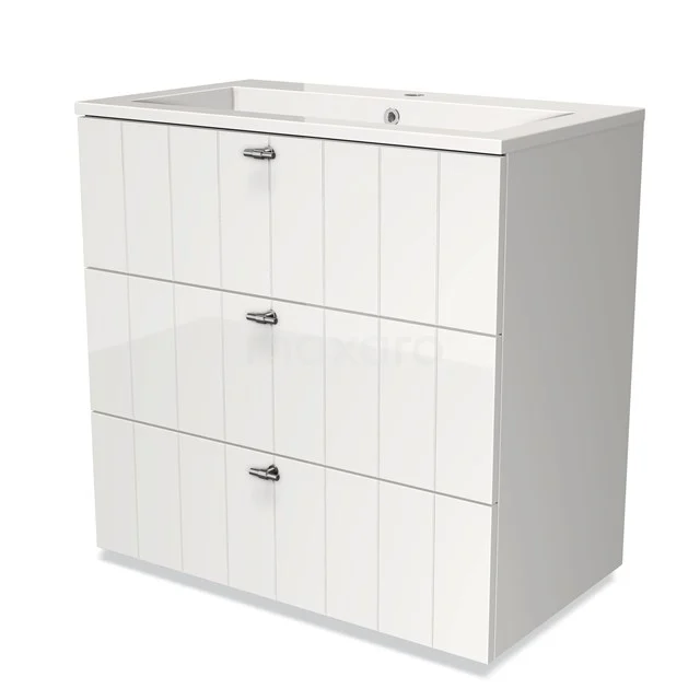 White Bathroom unit with three drawers, glossy finish and metal Handles, designed as a stylish storage solution for the bathroom.