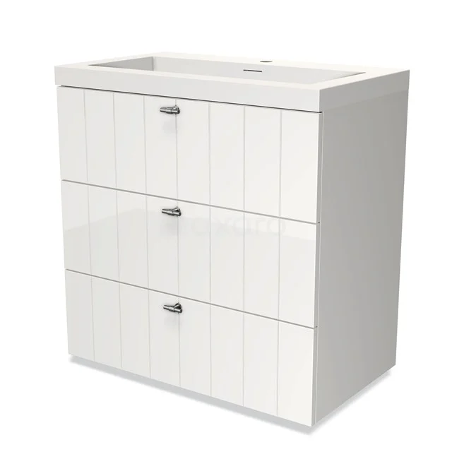 White bathroom cabinet with three drawers, vertical stripe pattern and chrome handles, perfect for stylish bathroom storage.