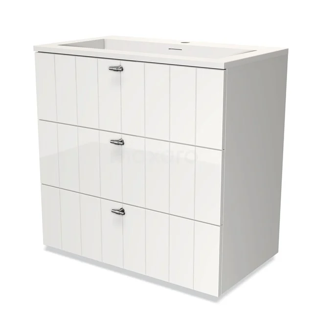 White bathroom cabinet with three drawers, glossy finish and modern design, ideal for storage space in the bathroom.