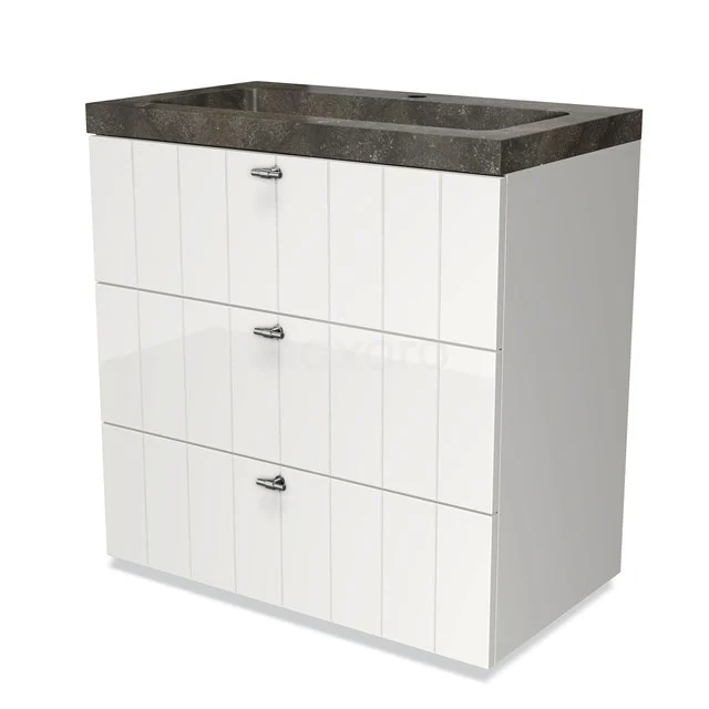 White bathroom unit with three drawers, anthracite marble vanity units with basin and chrome details, modern design.