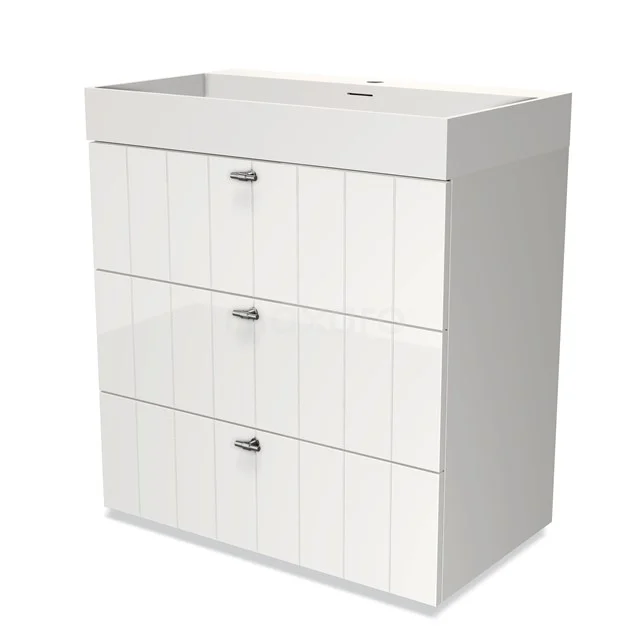 White bathroom cabinet with three drawers, vertical panels and chrome knobs, ideal for storage space in the bathroom.