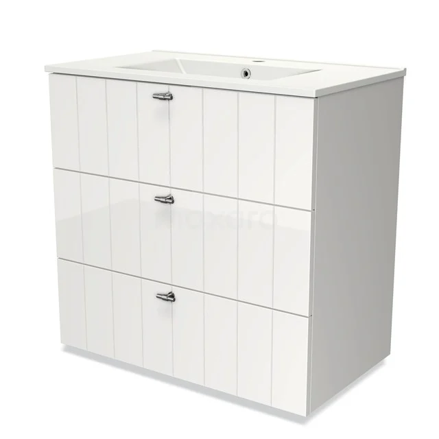 White vanity set with three drawers, wood-look design, integrated basin, ideal for modern bathrooms.