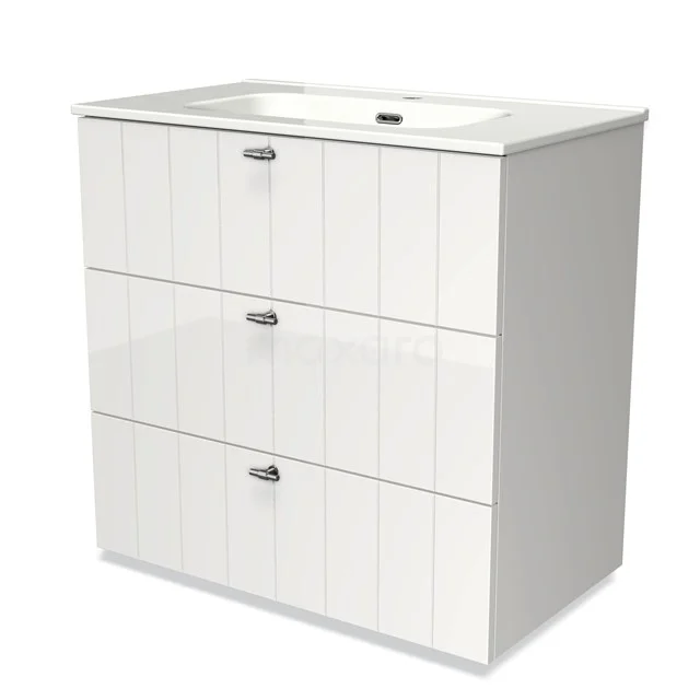 Modulo Vanity units with basin | 80 cm High-gloss white Slat front Ceramic 3 drawers BMW19-00128 White bathroom unit with three drawers, ceramic basin and vertical groove details for a modern and stylish bathroom.