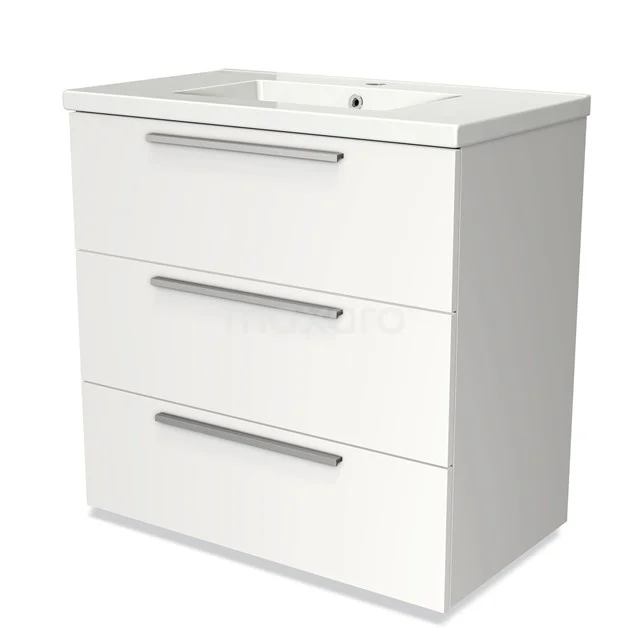 White bathroom unit with three drawers and integrated vanity units with basin, sleek design and metal handles.