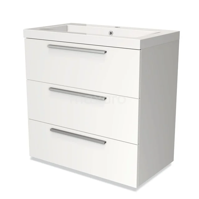 White wooden bathroom unit with three drawers, sleek silver handles and integrated sink.
