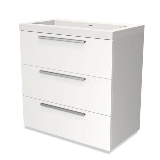 White bathroom unit with three drawer handles, sleek design and ceramic basin; ideal for modern bathrooms.