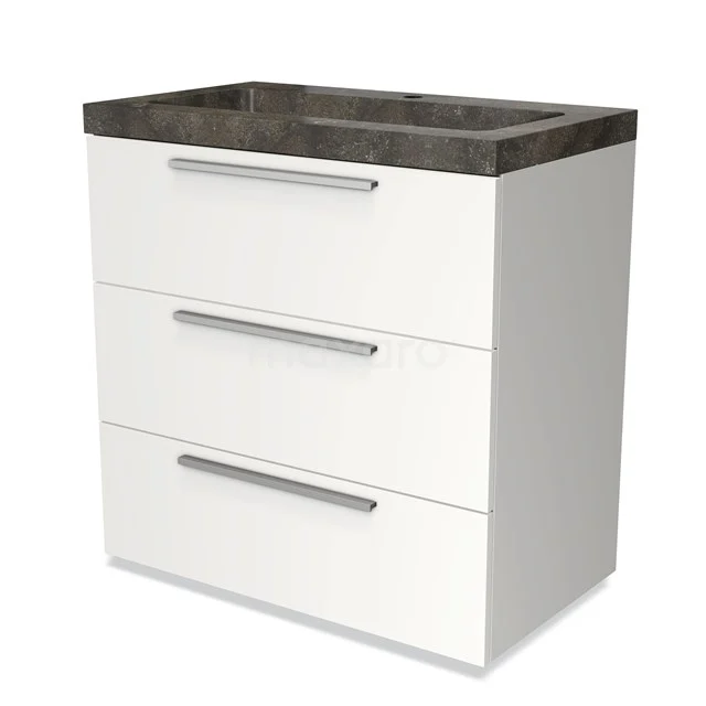 White bathroom unit with three drawers and dark stone basin worktop, modern design and metal handles.