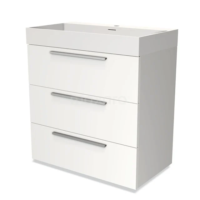Weißer Badschrank mit drei Schubladen und metallischen Haltegriffen, modernes Design, ideal zur Organisation von Badezimmerbedarf.