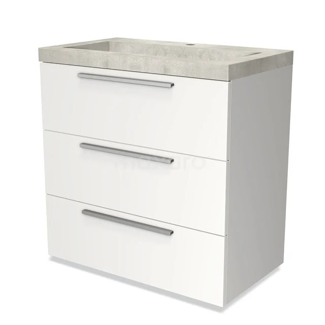Weißes Badezimmermöbel mit drei Schubladen, rostfreien Haltegriffen und grauem Betonwaschbecken, modernes Design.