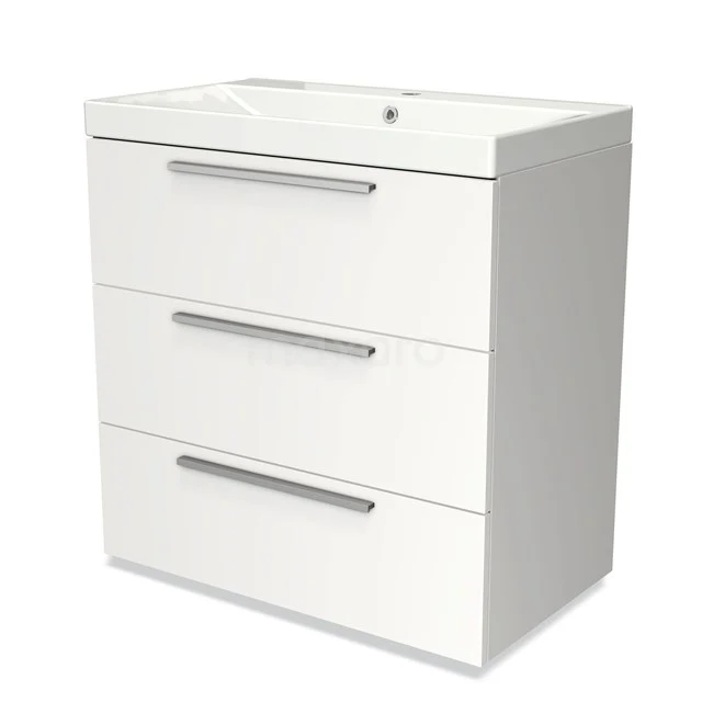 Weißer Badschrank mit keramischem Waschbecken, drei geräumigen Schubladen und metallischen Haltegriffen, modernes Design für moderne Bäder.