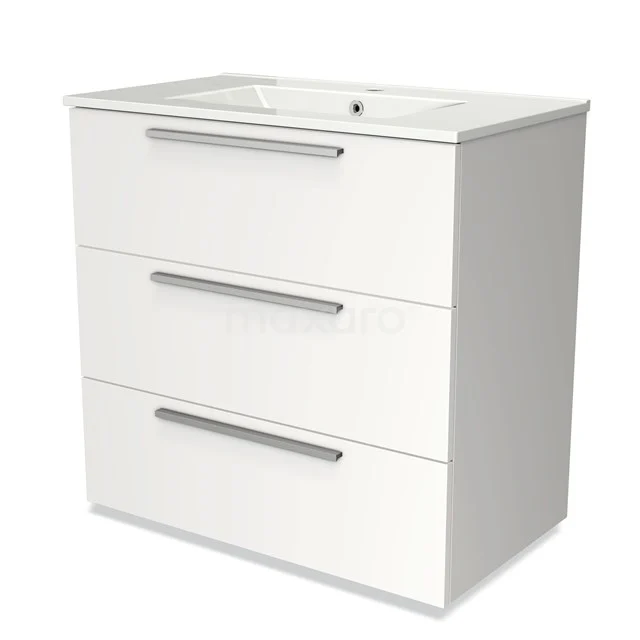 White Bathroom unit with sleek, rectangular shape, three drawers and built-in sink, ideal for modern bathrooms.