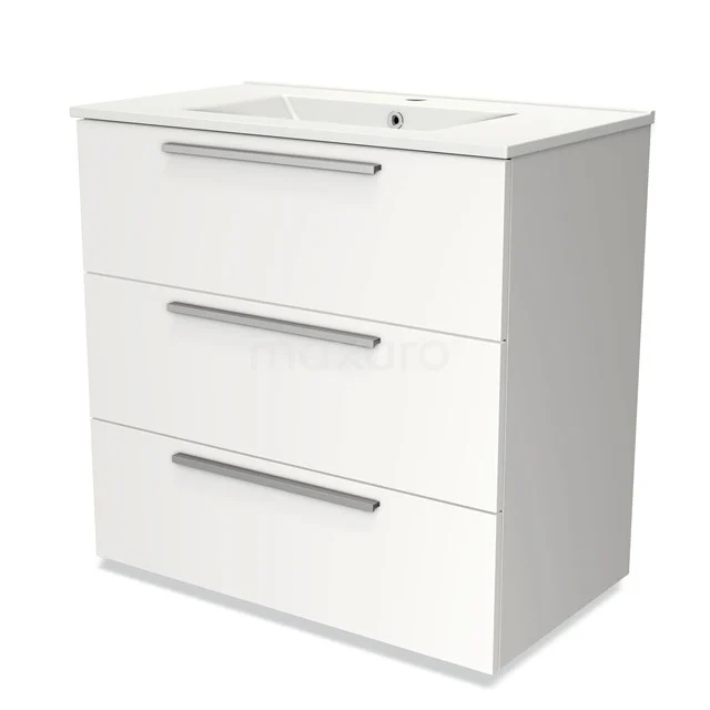 Weißer Badschrank mit integriertem Waschbecken, drei Schubladen mit silbernen Haltegriffen, modernes Design für praktische Badezimmerlagerung.