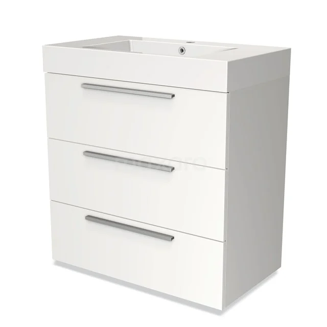 Badmöbel 80cm Modulo Matt Weiß 3 Schubladen Flaches Waschbecken Mineralguss BMW19-00159 Weißes Badezimmermöbel mit 3 Schubladen, modernen chromatischen Griffen und keramischem Waschbecken, ideal für ein stilvolles Badezimmer.