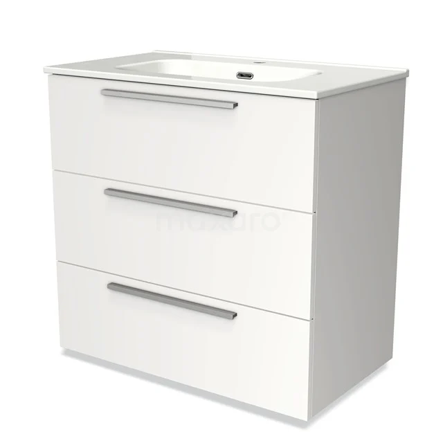 White bathroom unit with three drawers, modern design, glossy finish and integrated vanity units with basin.