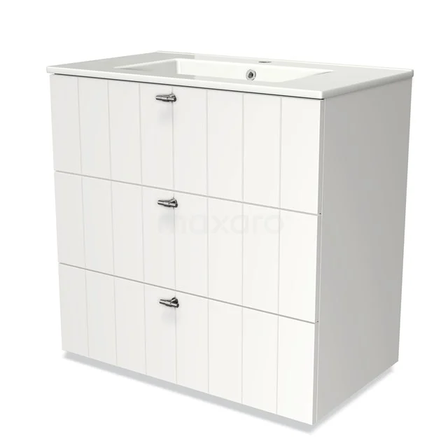 White bathroom furniture set with three drawers, wooden structure and built-in basin, perfect for stylish bathroom storage.
