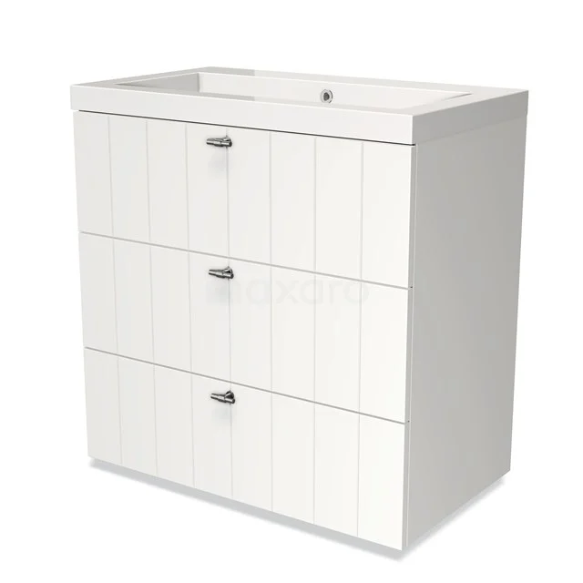 Modulo Vanity units with basin | 80 cm Matte white Slat front Mineral marble 3 drawers BMW19-00162 White bathroom cabinet with three drawers, wood-look design and integrated basin, ideal for organised bathroom storage.