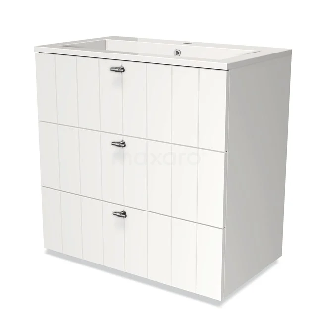 White bathroom unit with three handleless drawers, modern design, featuring integrated vanity units with basin and stylish panel structure.