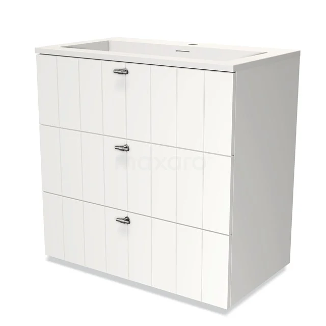 Modulo Vanity units with basin | 80 cm Matte white Slat front Solid surface 3 drawers BMW19-00166 White bathroom unit with basin, three handleless drawers, vertical panels and modern look. Perfect for any bathroom style.