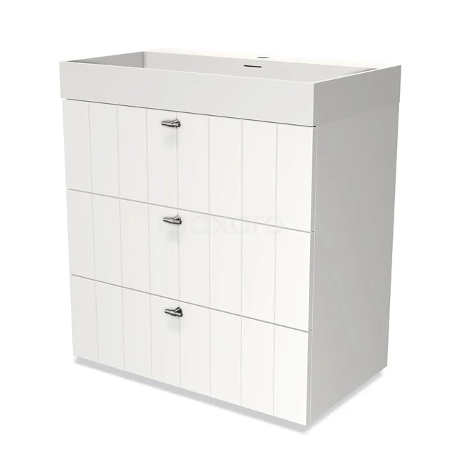 Modulo Vanity units with basin | 80 cm Matte white Slat front Solid surface 3 drawers BMW19-00168 White bathroom unit with three drawers, wooden plywood structure, and chrome handles. Stylish and practical for any bathroom.