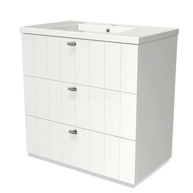 Weiße Badmöbel mit 3 Schubladen, modernen Paneelen und integriertem Waschbecken, ideal für eine schlichte, funktionale Badezimmergestaltung.