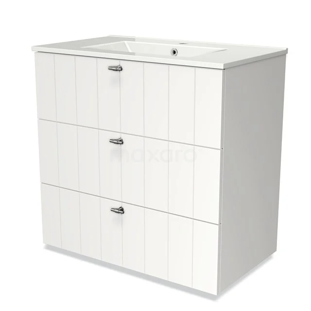 White wooden bathroom unit with three drawers, vertical lines and integrated vanity units with basin, ideal for a modern bathroom.