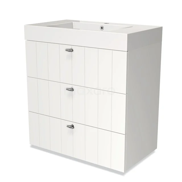 Modulo Vanity units with basin | 80 cm Matte white Slat front Mineral marble 3 drawers BMW19-00175 White bathroom unit with 3 drawers, vertical panels, and integrated vanity units with basin; stylish and ideal for practical bathroom storage.