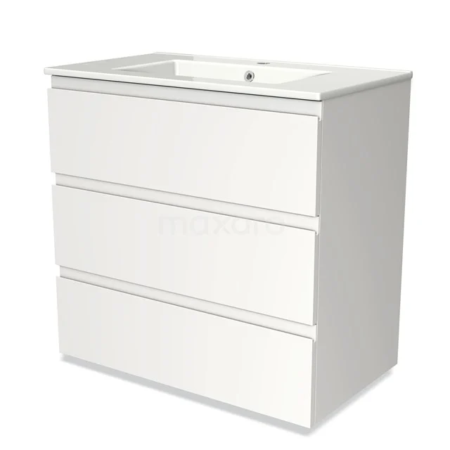 White bathroom unit with three handleless drawers and integrated basin, ideal for modern bathroom design.