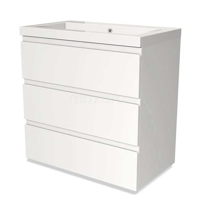 White bathroom furniture set with three drawers, sleek design and integrated basin worktop, ideal for modern bathrooms.