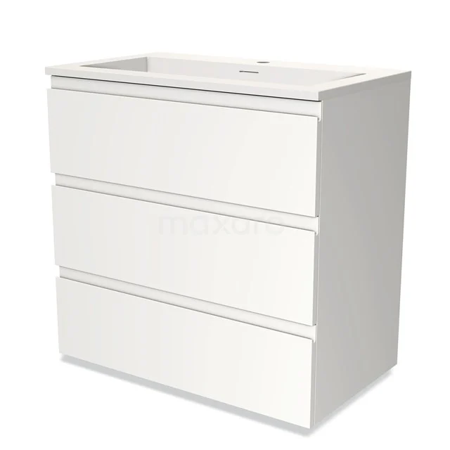 Weißes Badmöbel mit Waschbecken und drei Softclose-Schubladen, modernes Design, ideal für moderne Bäder.