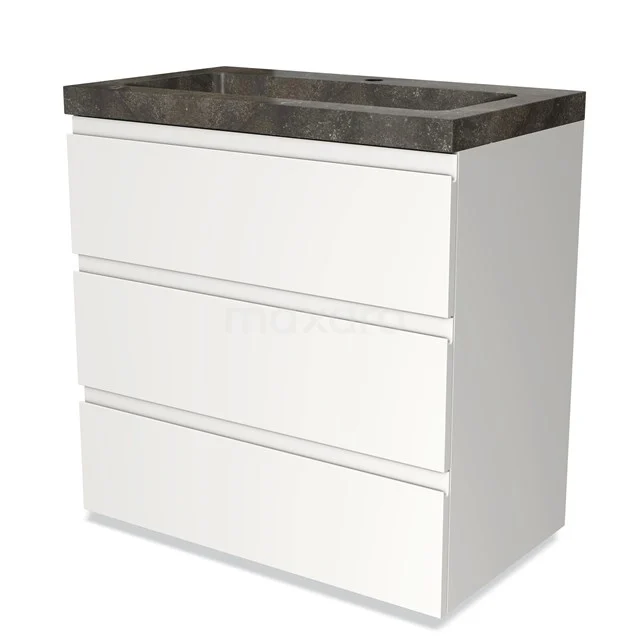 White bathroom cabinet with three drawers and a dark grey stone basin worktop, modern design and durable materials.