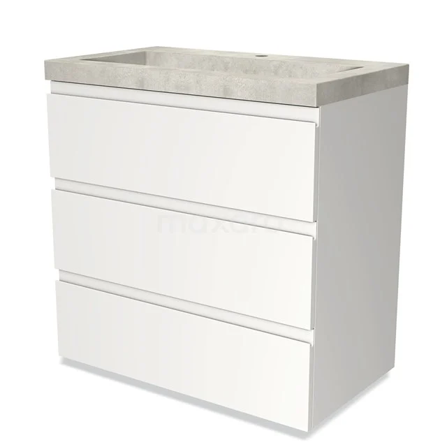 White bathroom unit with three drawers and a concrete-look basin, sleek design made of high-quality materials.