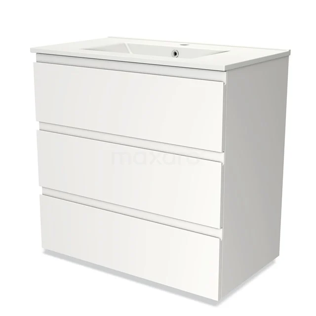 White bathroom unit with three handleless drawers, high-gloss finish and integrated sink, modern design.