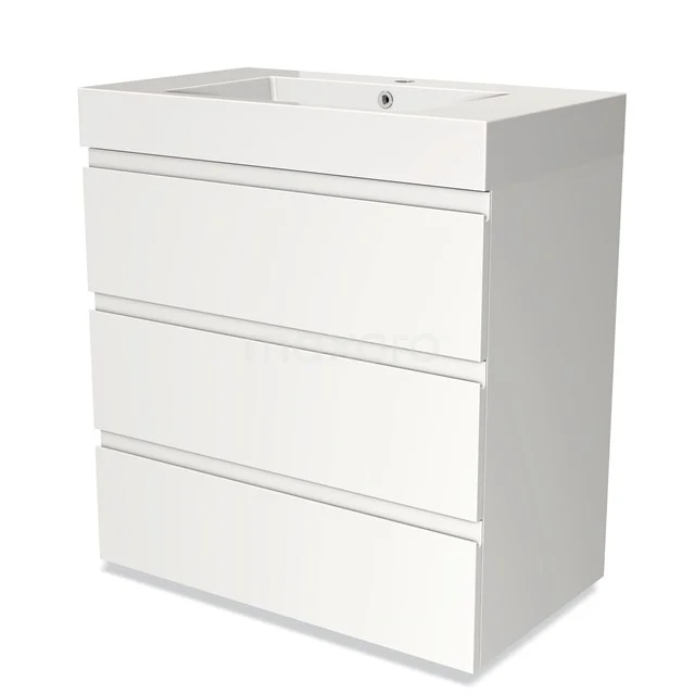 White modern bathroom unit with three soft-close drawers, sleek design, ideal for practical storage in the bathroom.