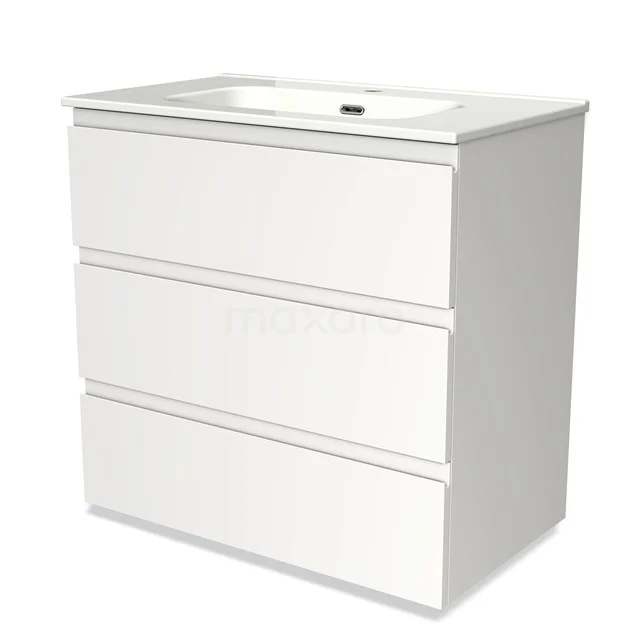 Weiße Badmöbelset mit drei Schubladen, schlankem Design und integriertem Waschbecken, ideal für moderne Bäder.