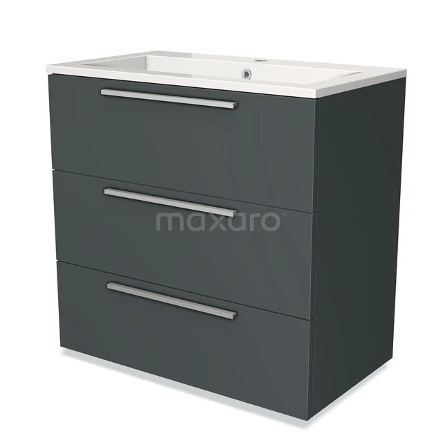 Anthrazitgrauer Badschrank mit 3 Schubladen und integriertem weißen Waschbecken, modernes Design und metallene Haltegriffe.