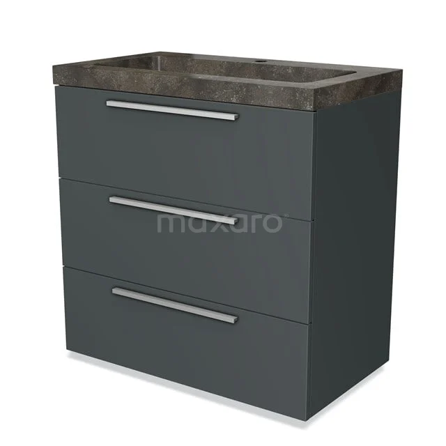 Grey bathroom cabinet with three drawers, natural stone sink and modern metal handles. Ideal for stylish bathroom storage.