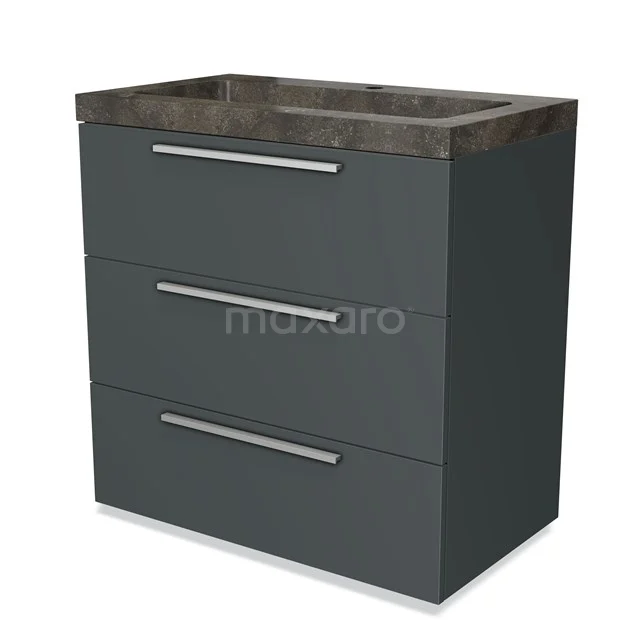 Grauer Badschrank mit drei Schubladen, Natursteine Waschbecken und modernen Metallhaltegriffen. Ideal für stilvolle Badezimmerlagerung.