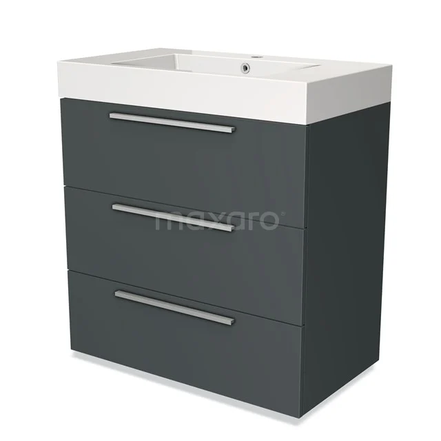 Dark grey bathroom unit with three drawers, white ceramic vanity units with basin and chrome handles. Perfect for modern bathrooms.