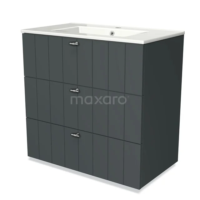 Grey bathroom unit with vertical panels, white ceramic vanity units with basin and three drawers for stylish and practical storage space.