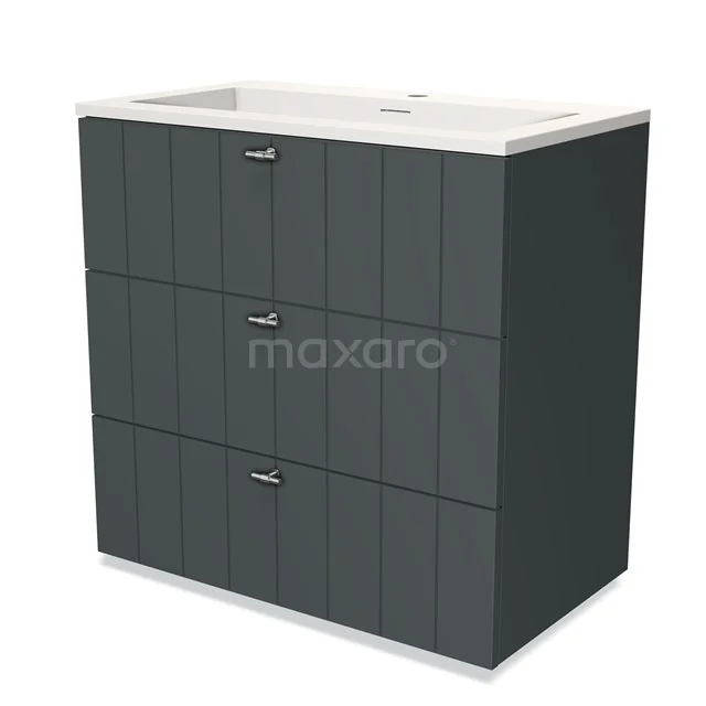 Grey bathroom cabinet with three drawers, white basin and modern finish, ideal for stylish bathroom design.