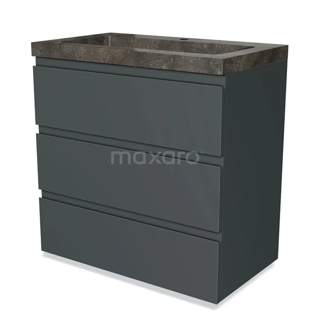 Graues Badezimmermöbel mit drei Schubladen, Betonlook Waschtischplatte, modernes Design; ideal für stilvolle Badezimmeraufbewahrungslösungen.