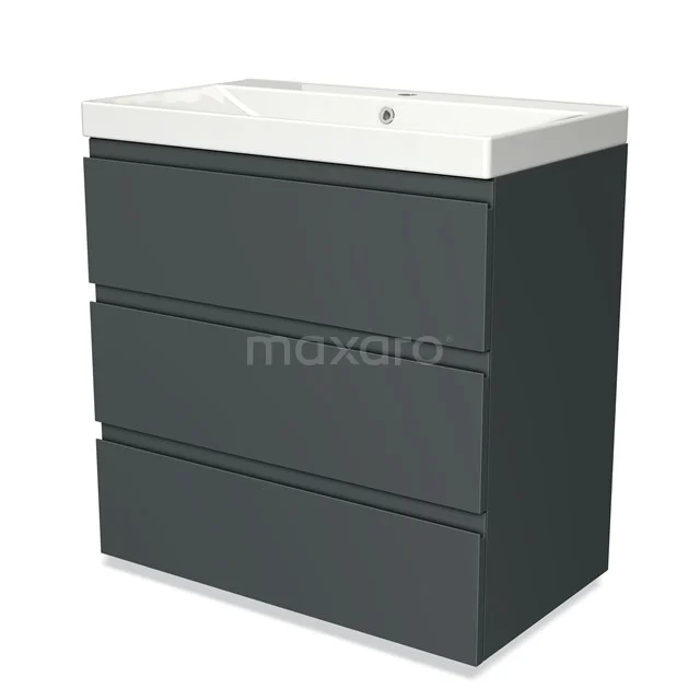 Dark grey Bathroom unit with three drawers, white ceramic basin, modern design.